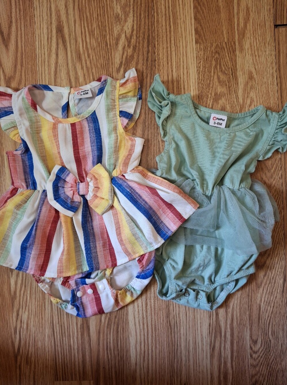 Rainbow Striped Bow Romper & Green Tulle Romper Set 3-6 Months